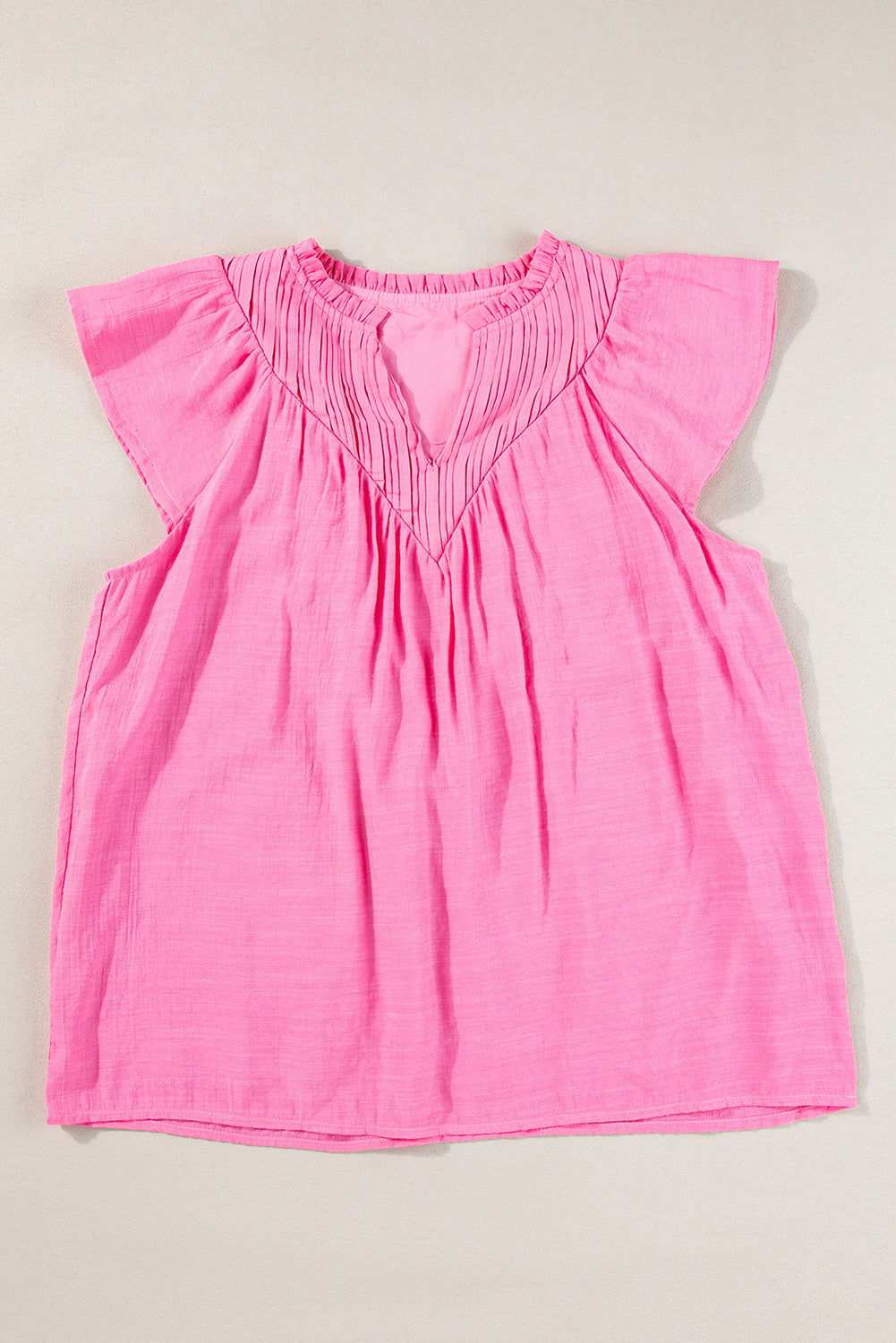 Bright Pink Frill V Neck Splicing Pleated Blouse - Vesteeto