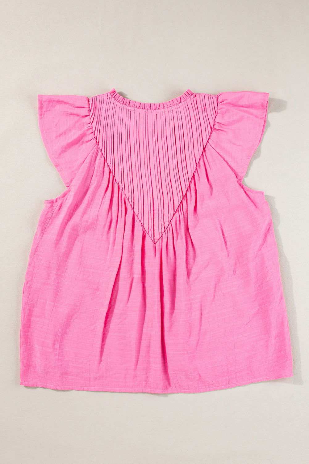 Bright Pink Frill V Neck Splicing Pleated Blouse - Vesteeto