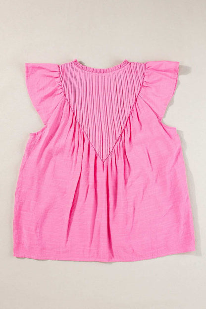 Bright Pink Frill V Neck Splicing Pleated Blouse - Vesteeto