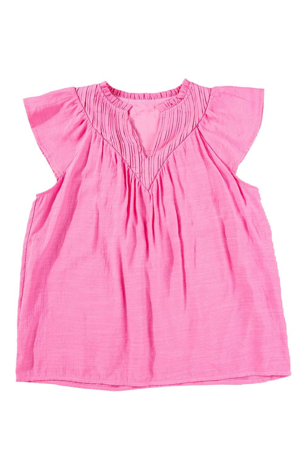 Bright Pink Frill V Neck Splicing Pleated Blouse - Vesteeto