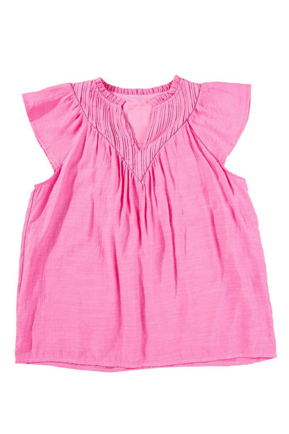 Bright Pink Frill V Neck Splicing Pleated Blouse - Vesteeto