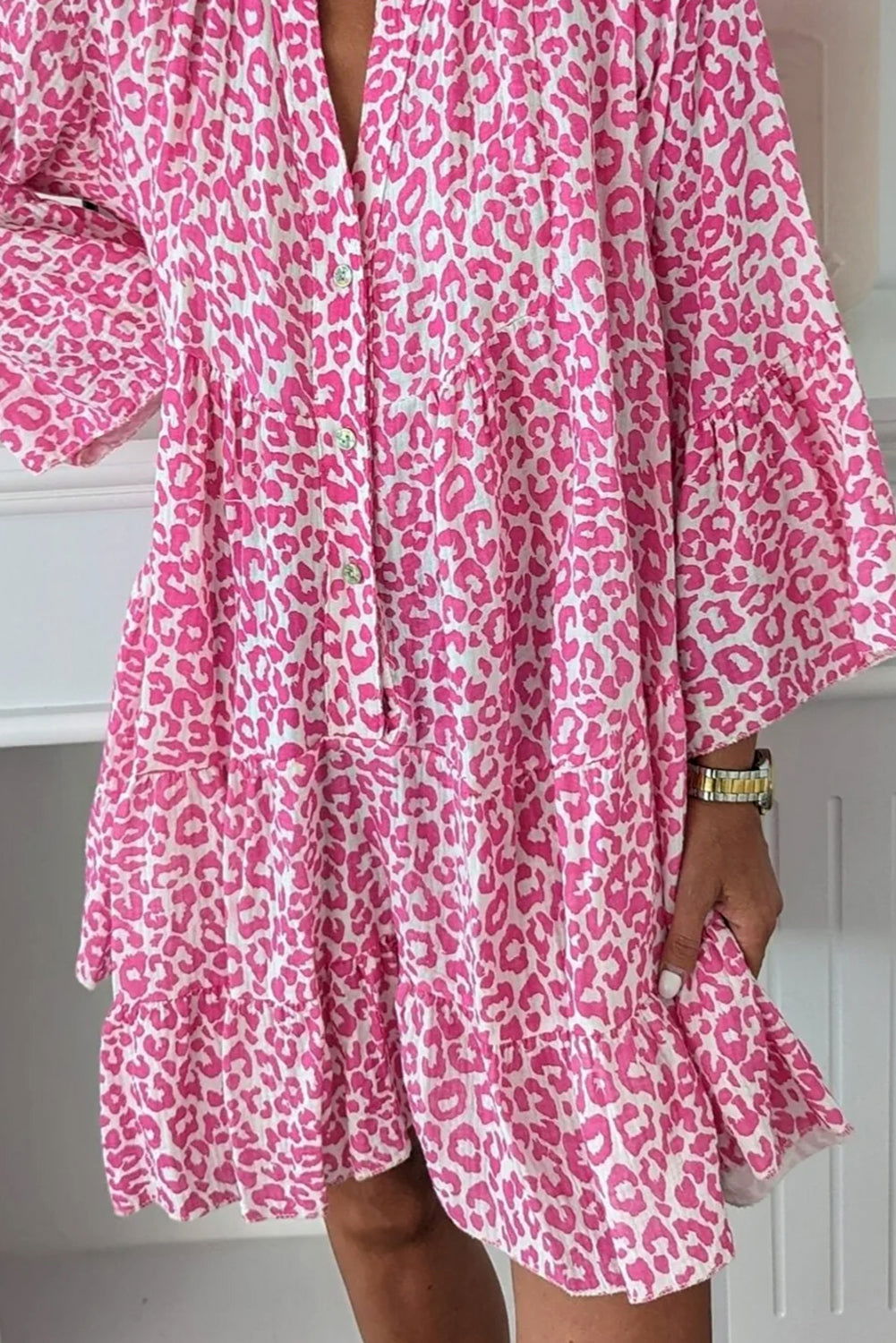 Bright Pink Leopard Print Flounce Sleeve Mini Dress - Vesteeto