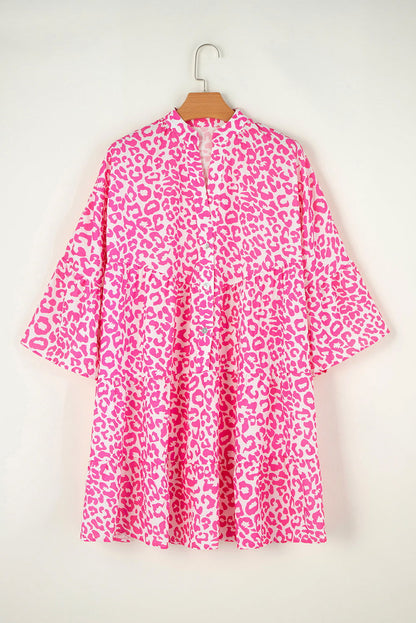 Bright Pink Leopard Print Flounce Sleeve Mini Dress - Vesteeto