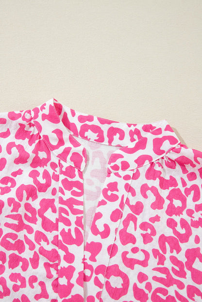 Bright Pink Leopard Print Flounce Sleeve Mini Dress - Vesteeto