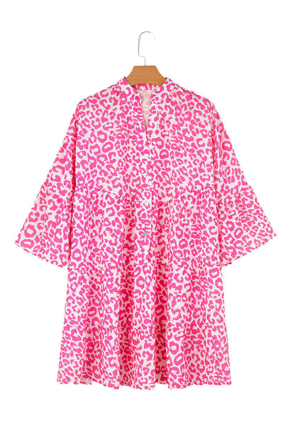 Bright Pink Leopard Print Flounce Sleeve Mini Dress - Vesteeto