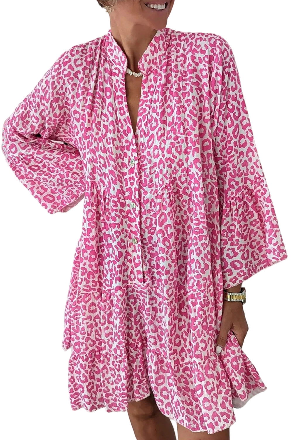 Bright Pink Leopard Print Flounce Sleeve Mini Dress - Vesteeto