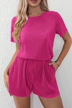 Bright Pink Ribbed Pleated Tee and Pocketed Shorts Set - Vesteeto