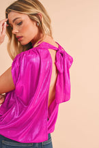 Bright Pink Ruched Sleeves Knotted Backless Blouse - Vesteeto