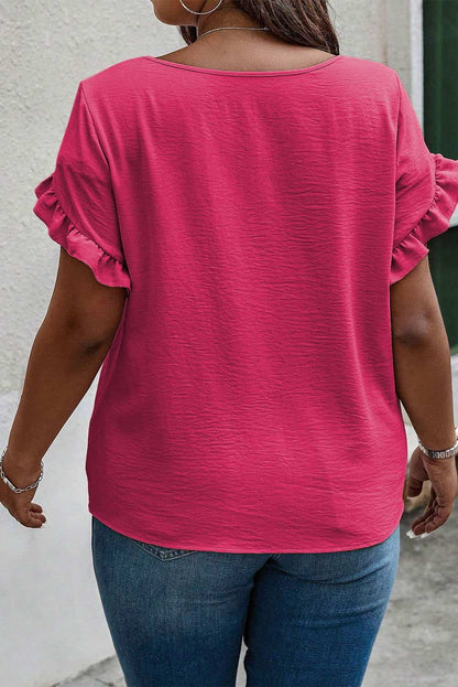 Bright Pink Ruffled Short Sleeve Plus Size Top - Vesteeto