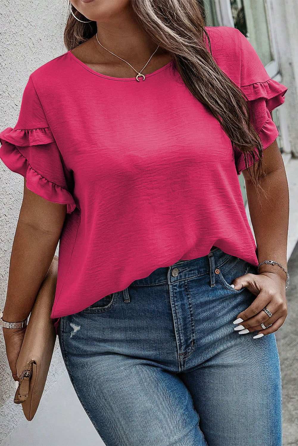 Bright Pink Ruffled Short Sleeve Plus Size Top - Vesteeto