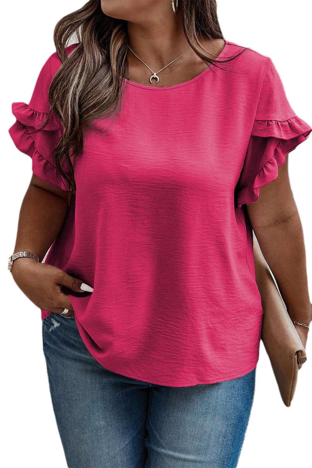 Bright Pink Ruffled Short Sleeve Plus Size Top - Vesteeto