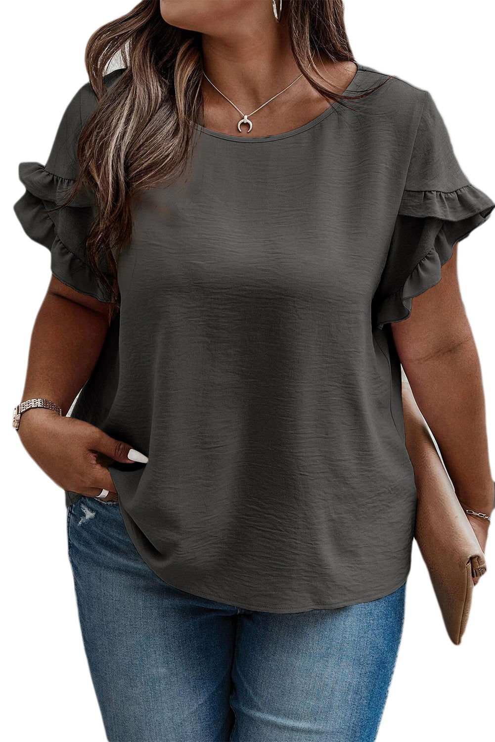 Bright Pink Ruffled Short Sleeve Plus Size Top - Vesteeto