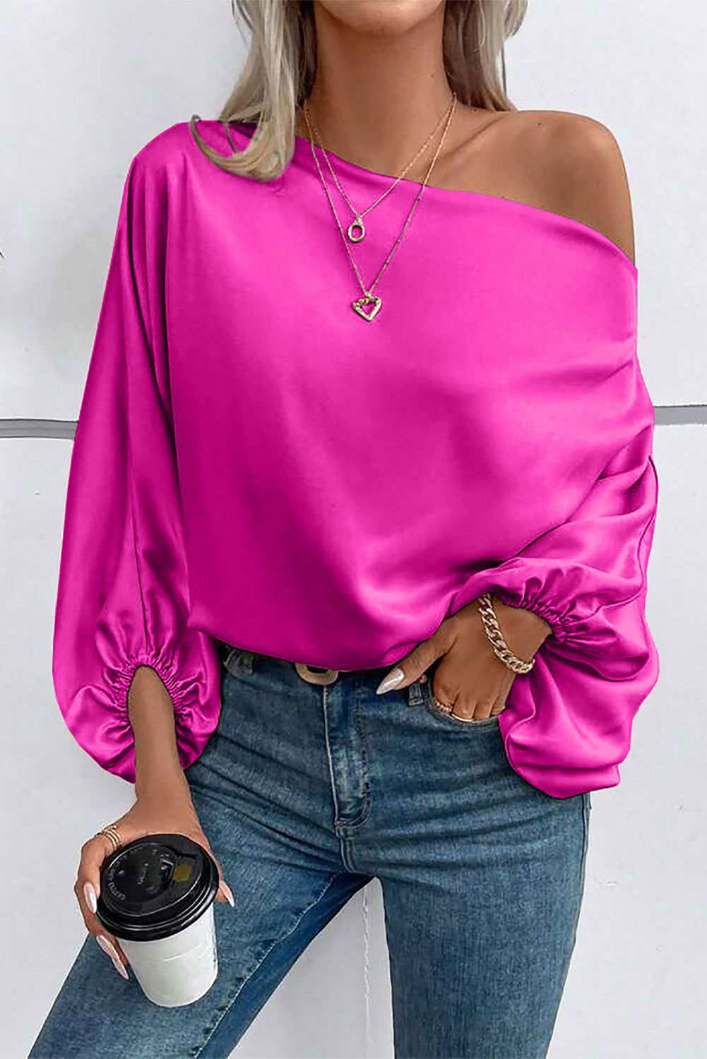 Bright Pink Solid Color Asymmetrical Neck Lantern Sleeve Blouse - Vesteeto