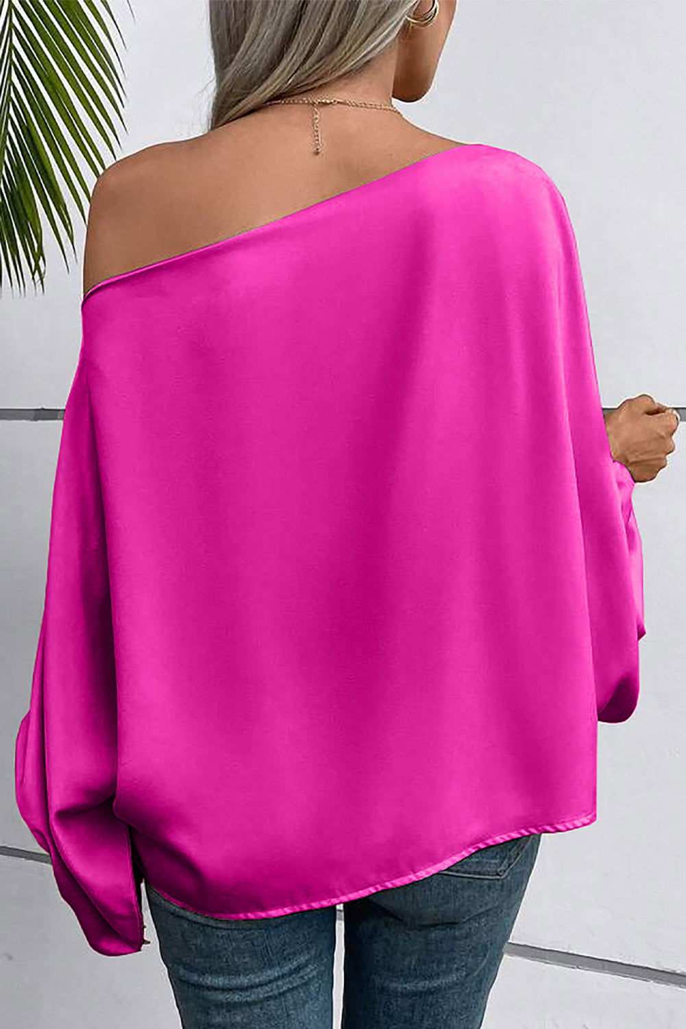 Bright Pink Solid Color Asymmetrical Neck Lantern Sleeve Blouse - Vesteeto