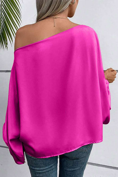 Bright Pink Solid Color Asymmetrical Neck Lantern Sleeve Blouse - Vesteeto