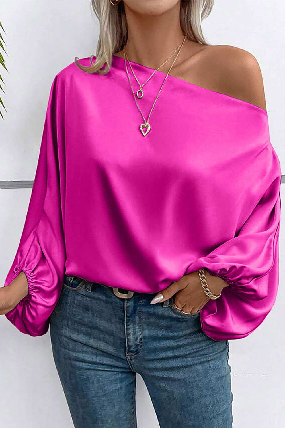 Bright Pink Solid Color Asymmetrical Neck Lantern Sleeve Blouse - Vesteeto