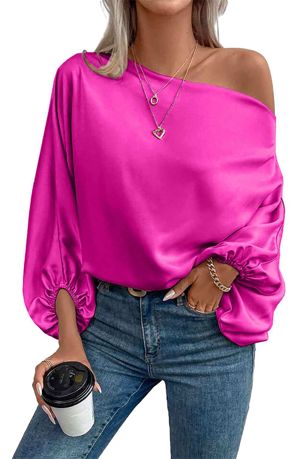 Bright Pink Solid Color Asymmetrical Neck Lantern Sleeve Blouse - Vesteeto