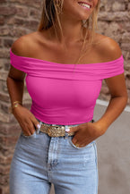 Bright Pink Solid Color Folded Off Shoulder Slim Blouse - Vesteeto