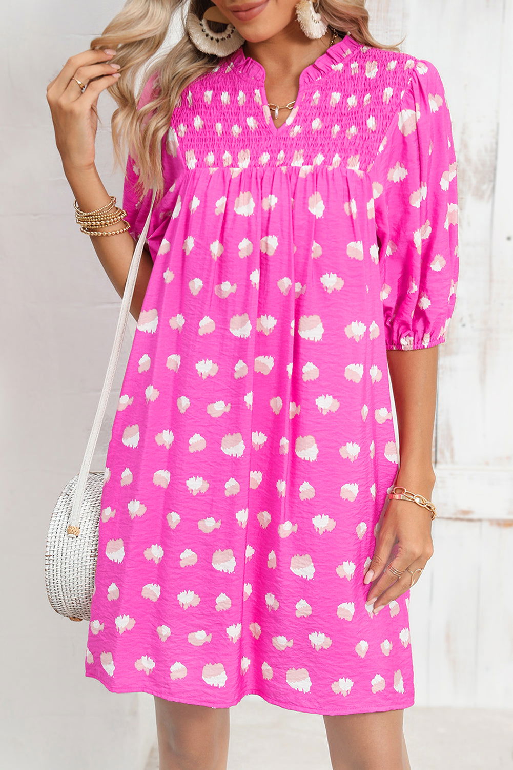 Bright Pink Spotted Print Puff Sleeve Smocked Mini Dress - Vesteeto