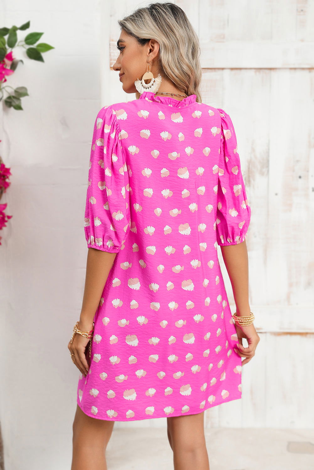 Bright Pink Spotted Print Puff Sleeve Smocked Mini Dress - Vesteeto