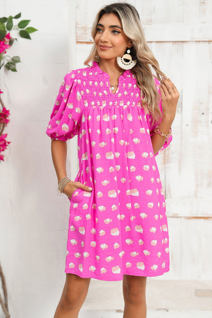 Bright Pink Spotted Print Puff Sleeve Smocked Mini Dress - Vesteeto