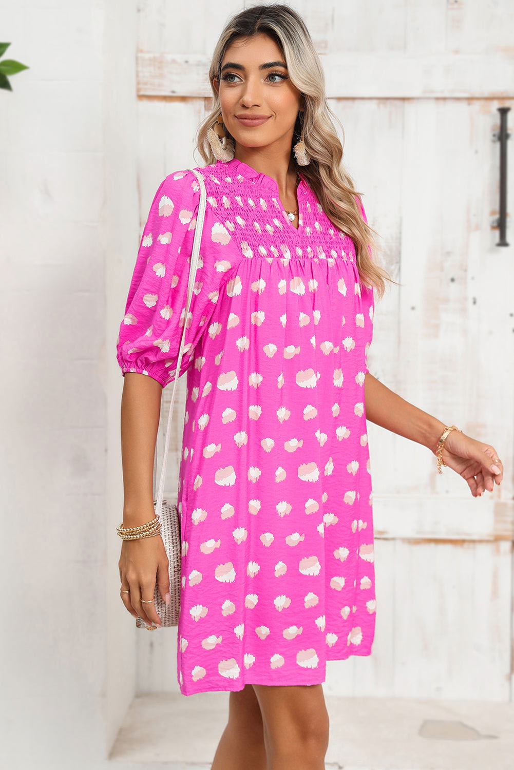 Bright Pink Spotted Print Puff Sleeve Smocked Mini Dress - Vesteeto