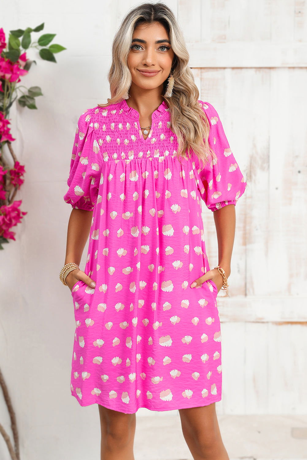 Bright Pink Spotted Print Puff Sleeve Smocked Mini Dress - Vesteeto