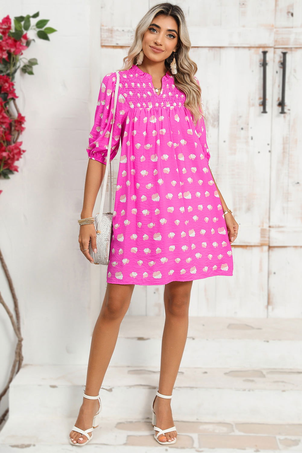 Bright Pink Spotted Print Puff Sleeve Smocked Mini Dress - Vesteeto