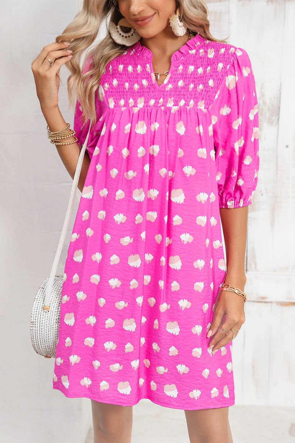 Bright Pink Spotted Print Puff Sleeve Smocked Mini Dress - Vesteeto