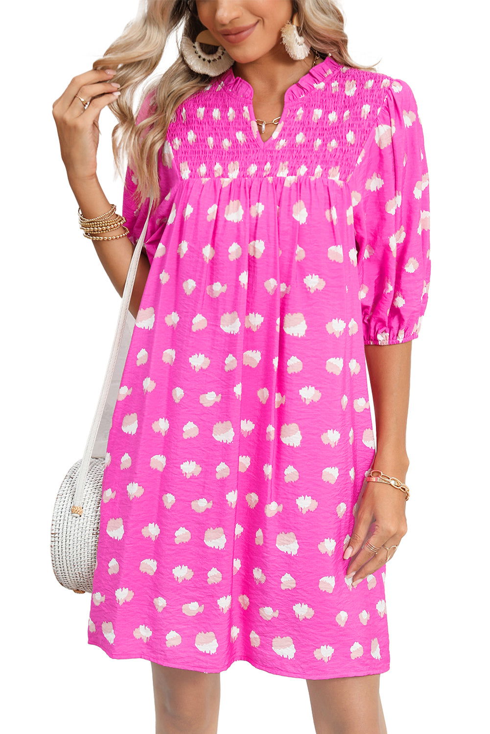 Bright Pink Spotted Print Puff Sleeve Smocked Mini Dress - Vesteeto