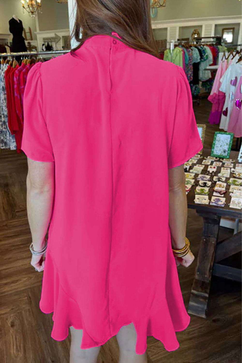 Bright Pink Tie Neck Ruffle Hem Mini Dress - Vesteeto