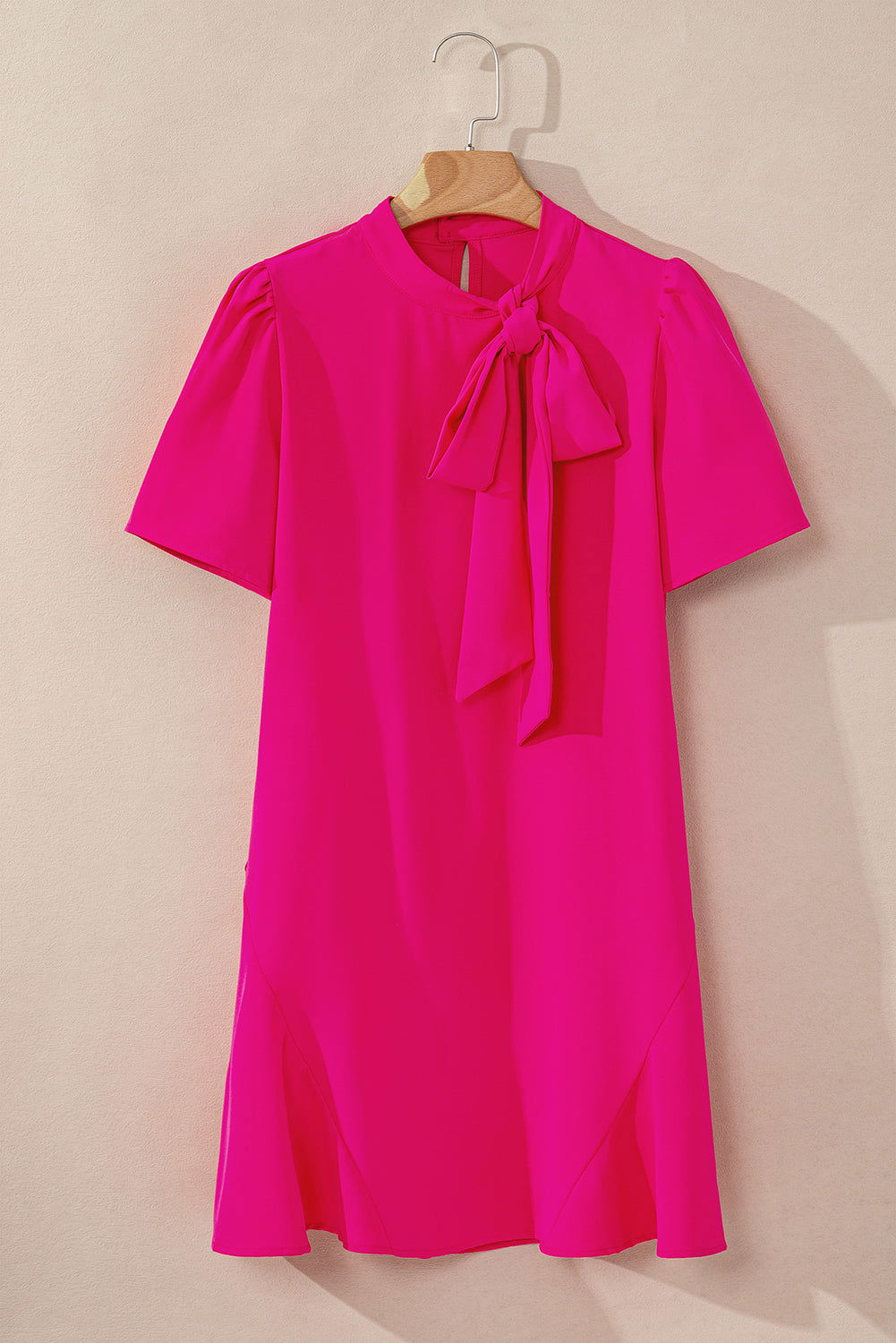 Bright Pink Tie Neck Ruffle Hem Mini Dress - Vesteeto