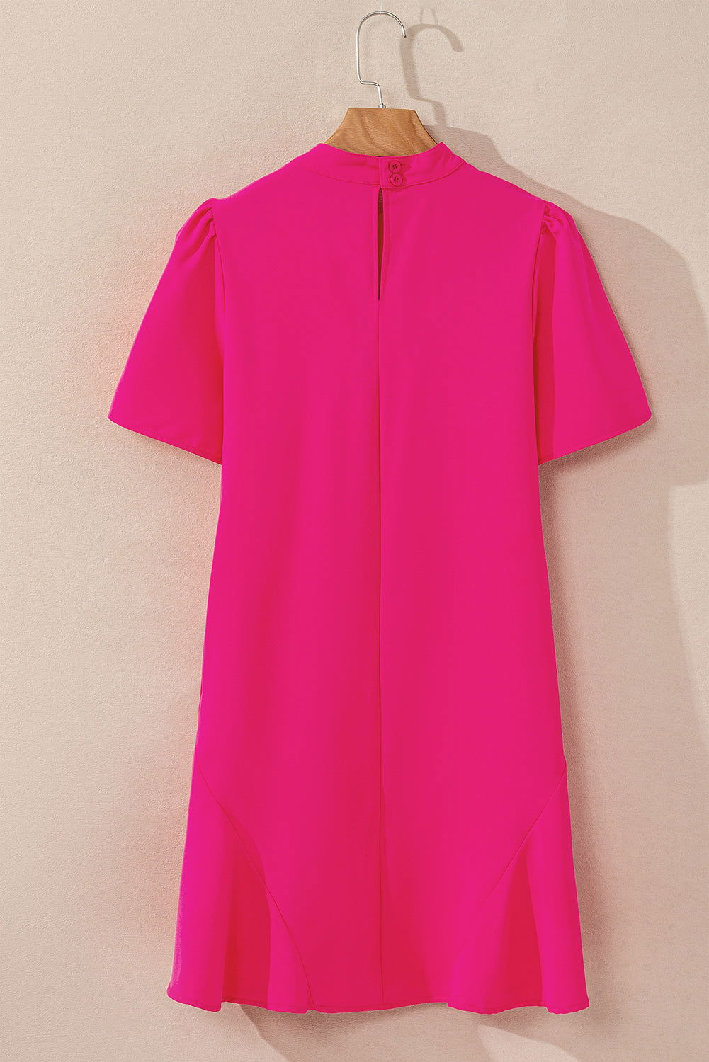 Bright Pink Tie Neck Ruffle Hem Mini Dress - Vesteeto