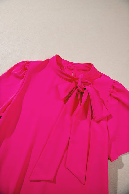 Bright Pink Tie Neck Ruffle Hem Mini Dress - Vesteeto