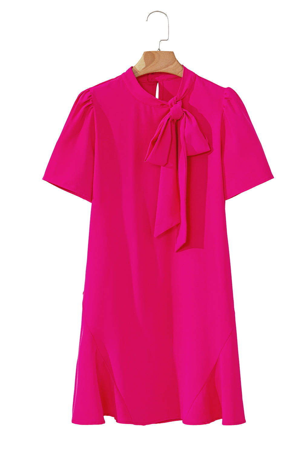 Bright Pink Tie Neck Ruffle Hem Mini Dress - Vesteeto