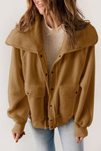 Brown Button Flap Pockets Collared Fleece Jacket - Vesteeto