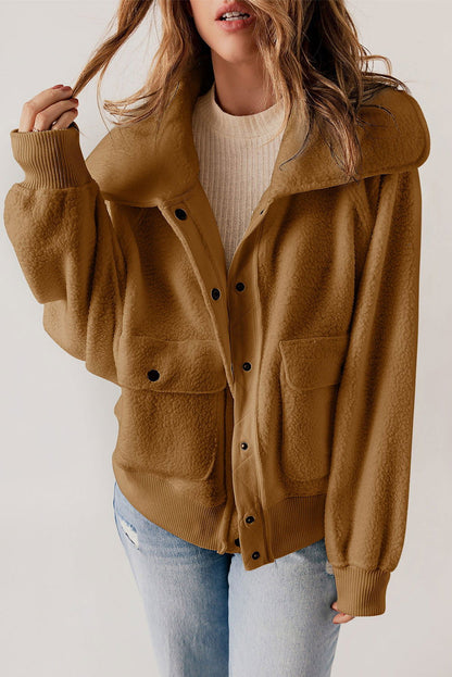 Brown Button Flap Pockets Collared Fleece Jacket - Vesteeto