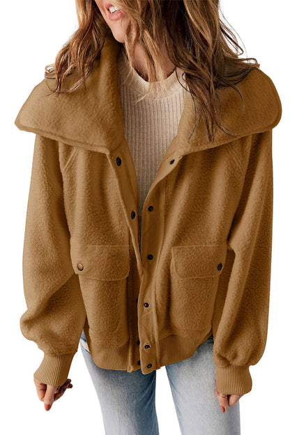 Brown Button Flap Pockets Collared Fleece Jacket - Vesteeto