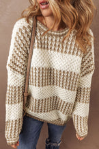 Brown Cable Knit Drop Shoulder Round Neck Sweater - Vesteeto