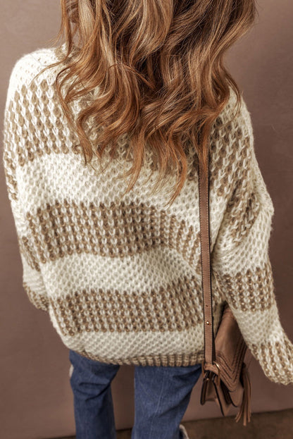 Brown Cable Knit Drop Shoulder Round Neck Sweater - Vesteeto