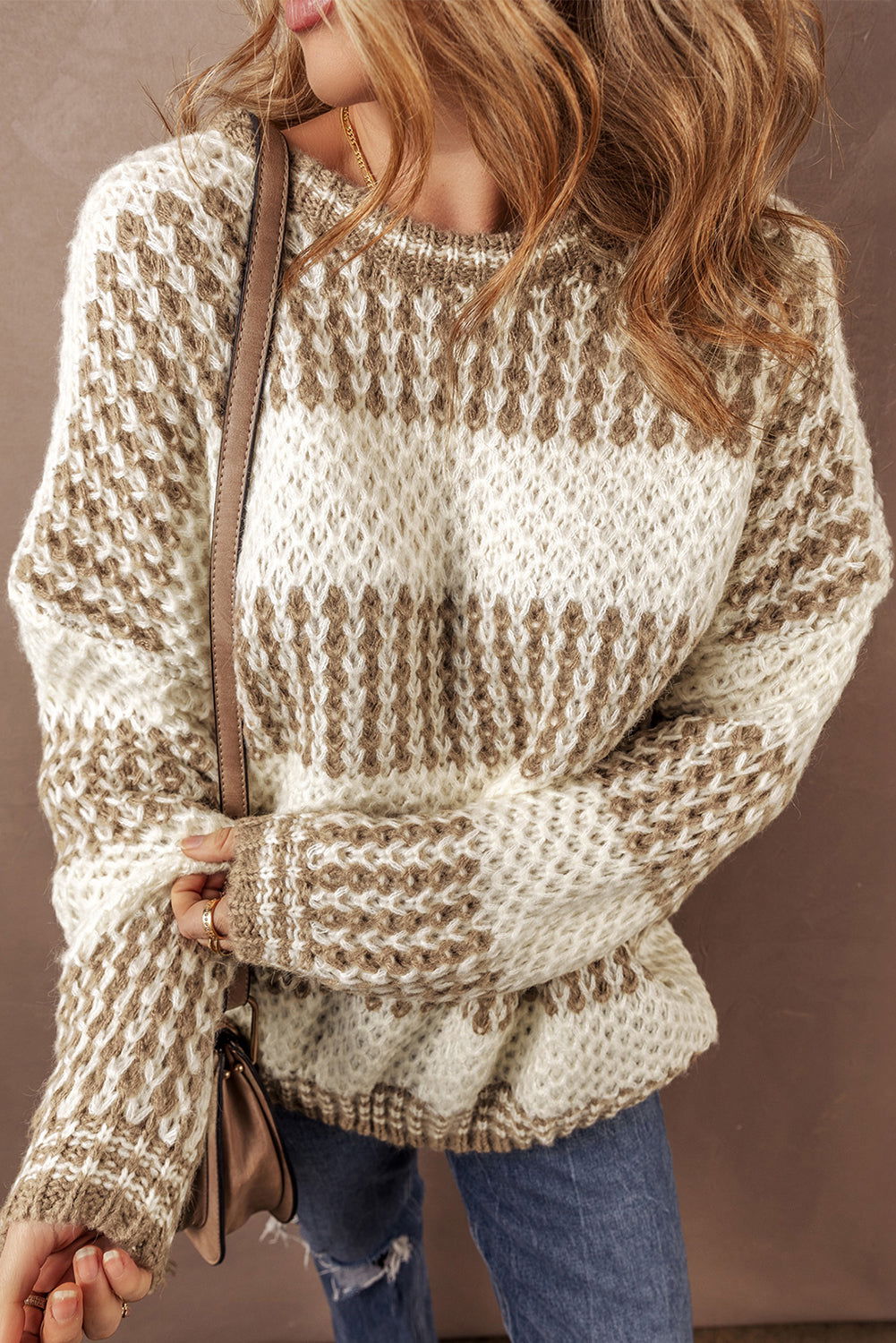 Brown Cable Knit Drop Shoulder Round Neck Sweater - Vesteeto