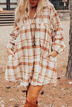 Brown Collared Long Sleeve Plaid Dress with Pockets - Vesteeto