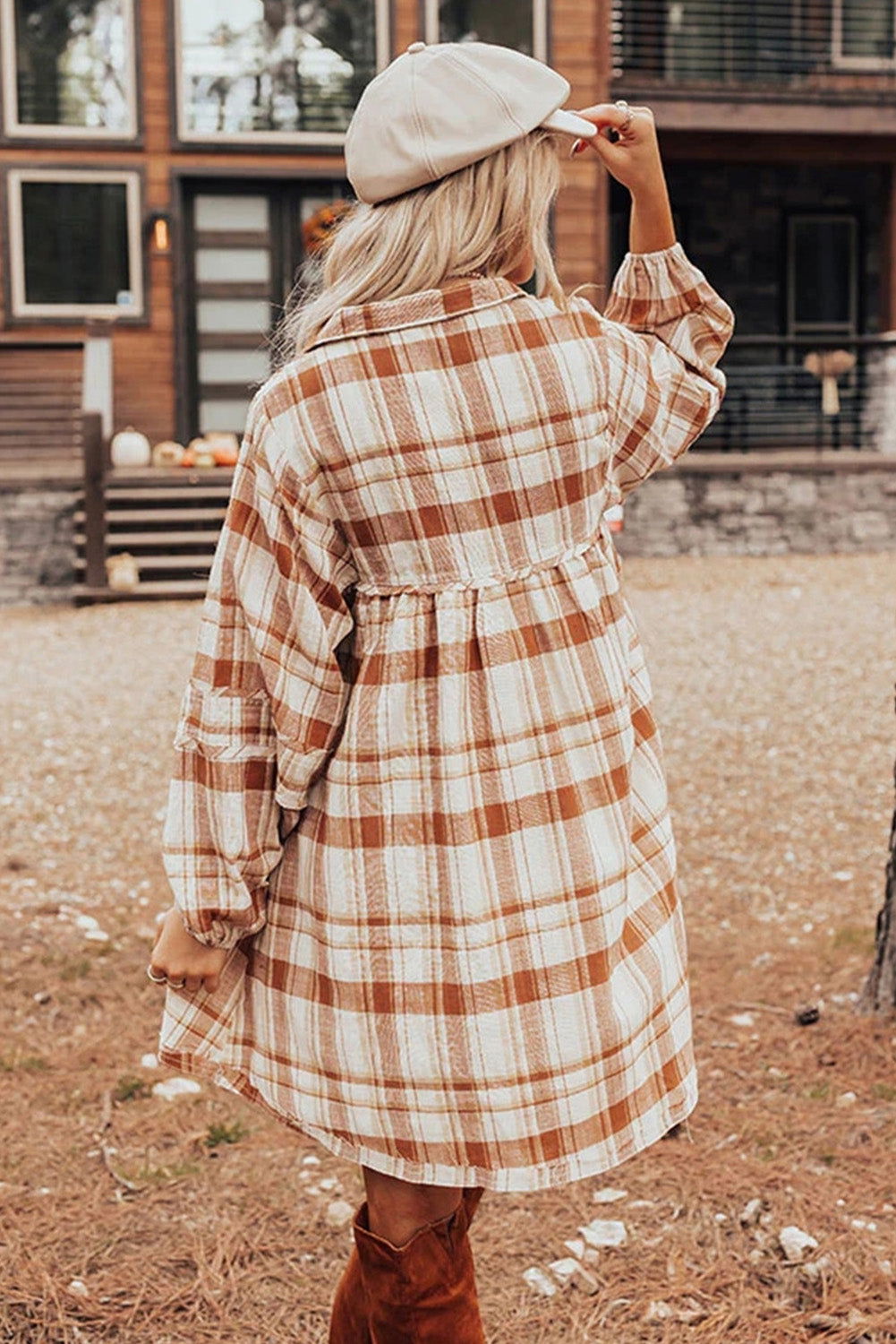 Brown Collared Long Sleeve Plaid Dress with Pockets - Vesteeto