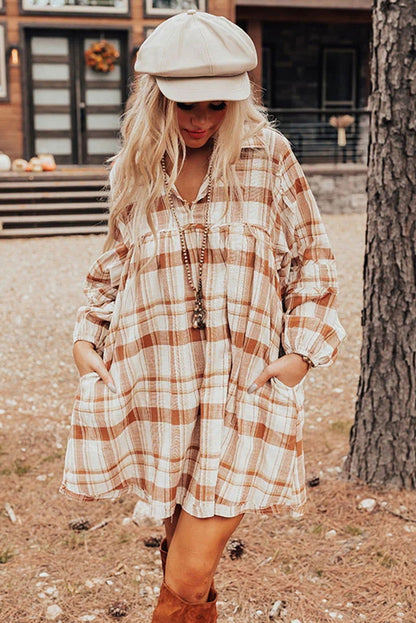 Brown Collared Long Sleeve Plaid Dress with Pockets - Vesteeto