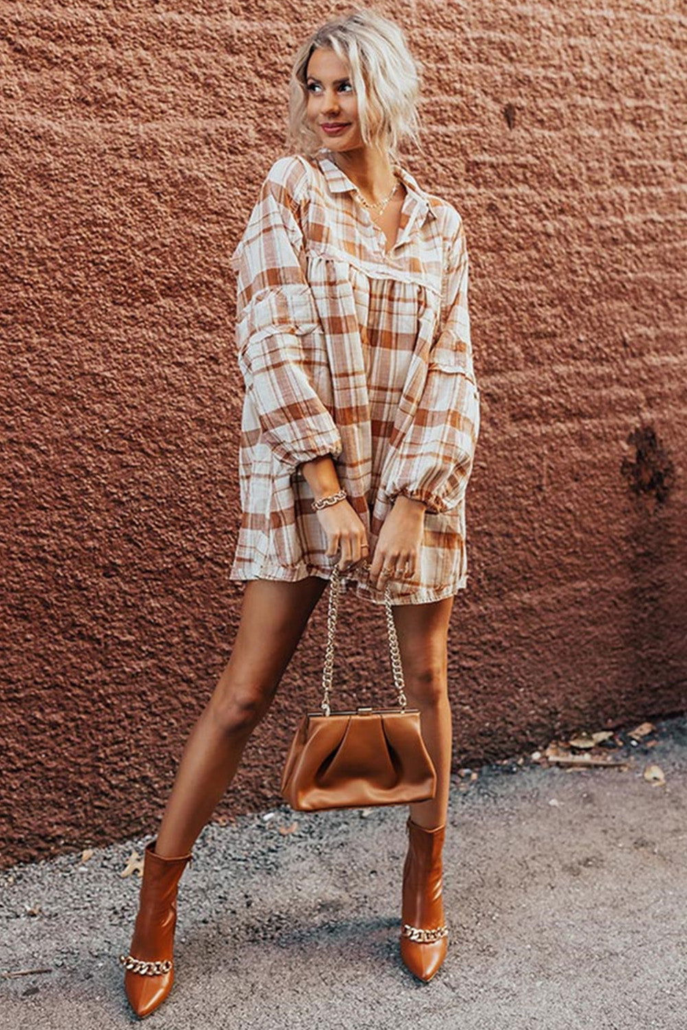 Brown Collared Long Sleeve Plaid Dress with Pockets - Vesteeto