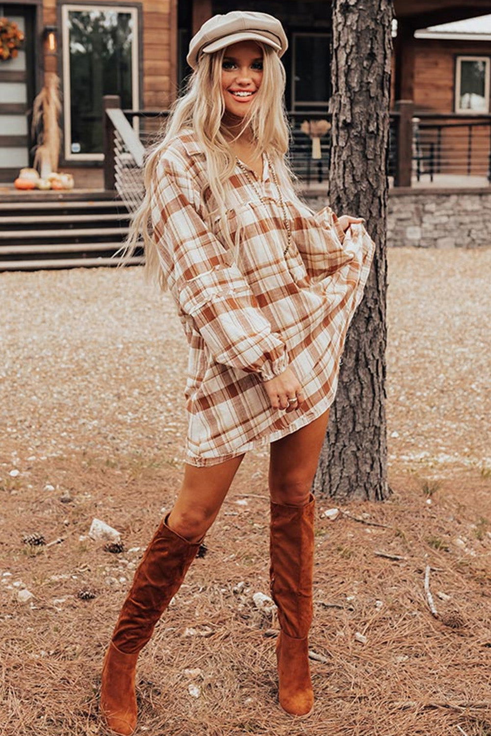 Brown Collared Long Sleeve Plaid Dress with Pockets - Vesteeto