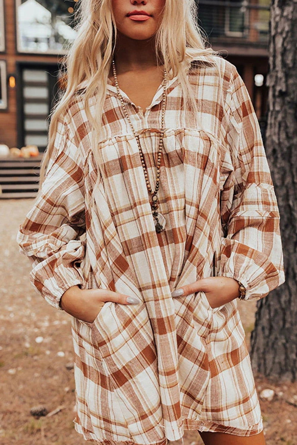 Brown Collared Long Sleeve Plaid Dress with Pockets - Vesteeto