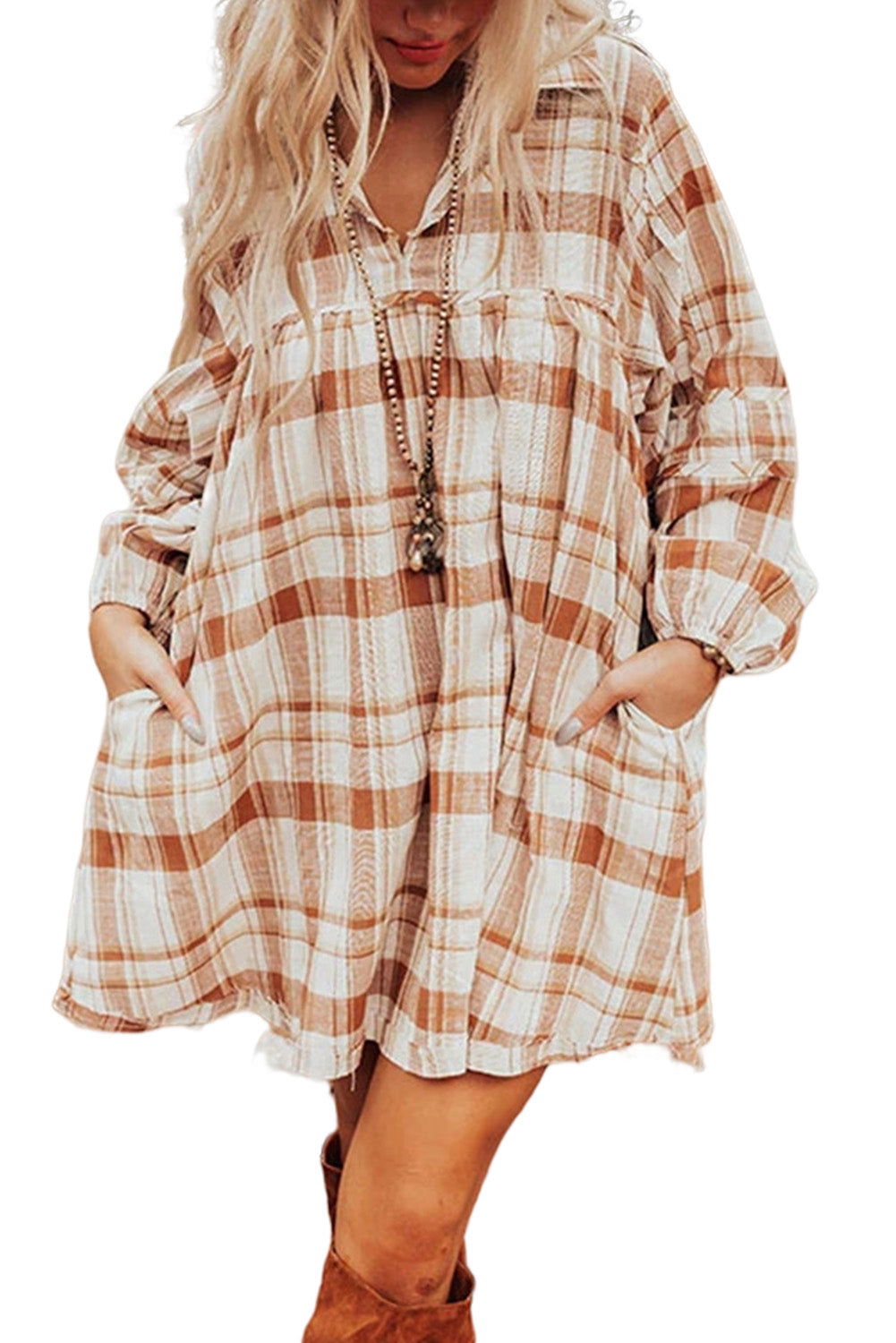 Brown Collared Long Sleeve Plaid Dress with Pockets - Vesteeto