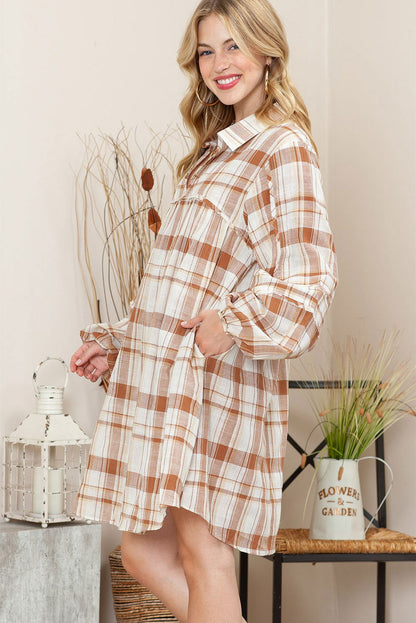 Brown Collared Long Sleeve Plaid Dress with Pockets - Vesteeto