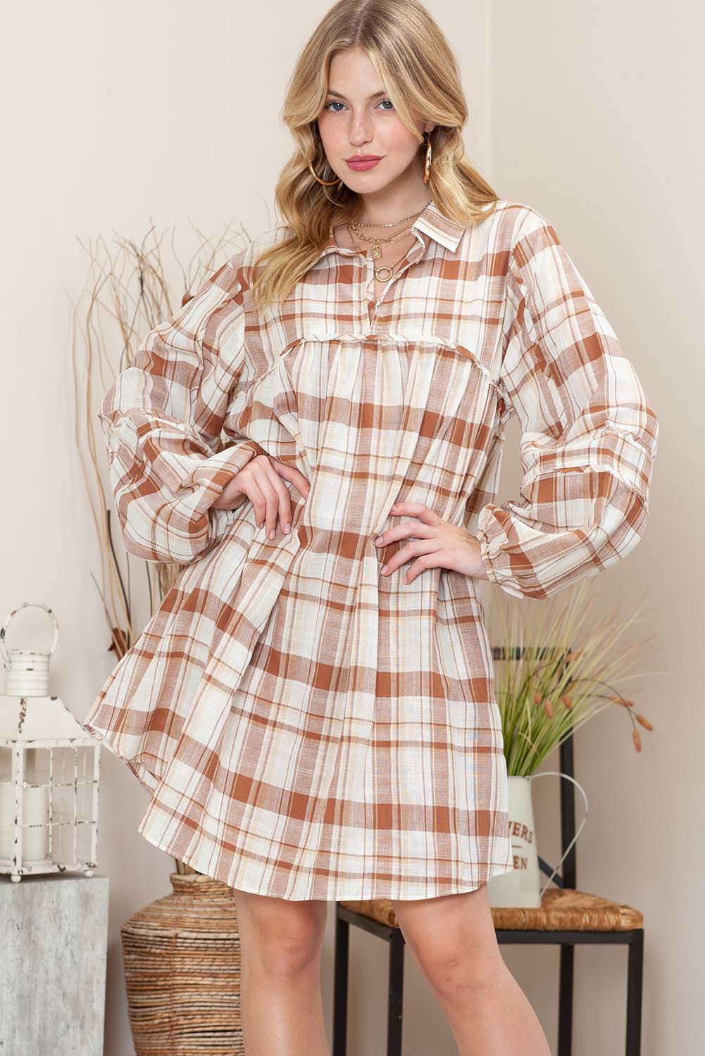 Brown Collared Long Sleeve Plaid Dress with Pockets - Vesteeto